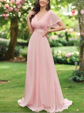Ever Pretty Soft Pink V-Neck Flutter Sleeve Maxi Dress